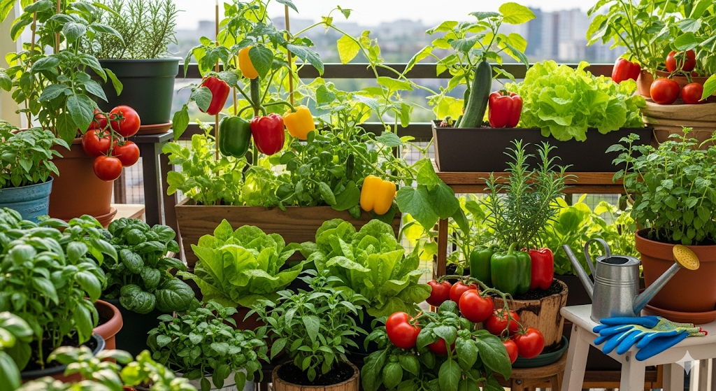 Potager sur balcon luxuriant avec des légumes frais poussant en pots.